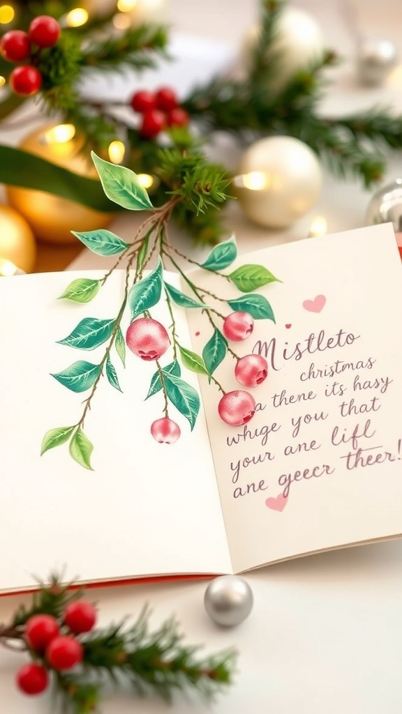 A handmade Christmas card with mistletoe illustration and handwritten message, set against a festive background.